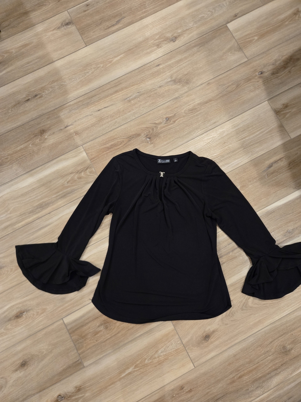 7th Avenue By NY&Co Black Ruffle-Sleeve Gathered Neck Blouse